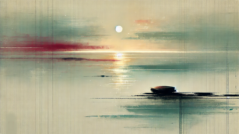 Minimalist painting of a glowing sun over water