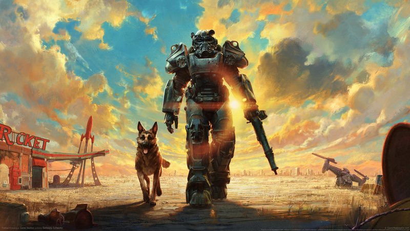 Fallout 4 Power Armor and Dogmeat in Wasteland