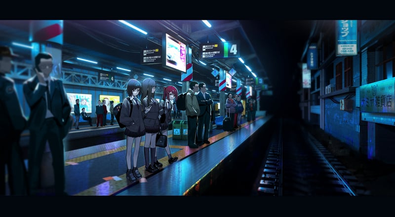 Anime girls and boys on a train platform