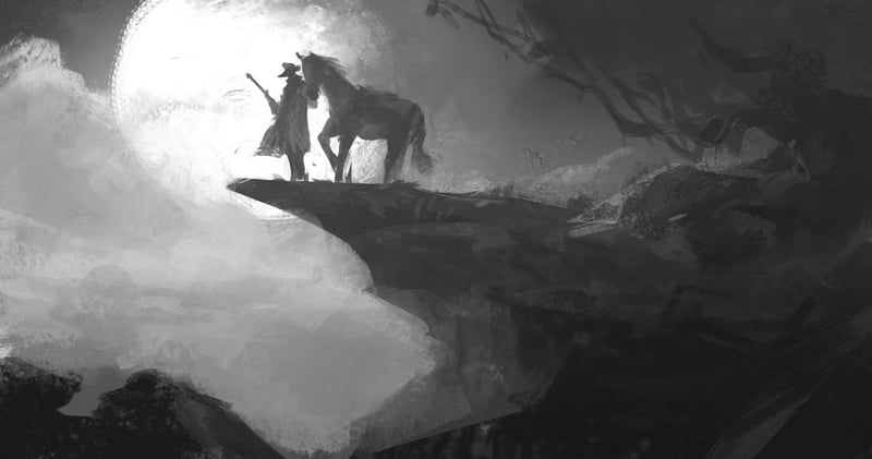 Man with horse on cliff under the Moon