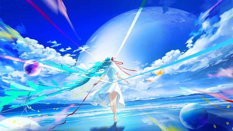 Hatsune Miku in a surreal sky with planets