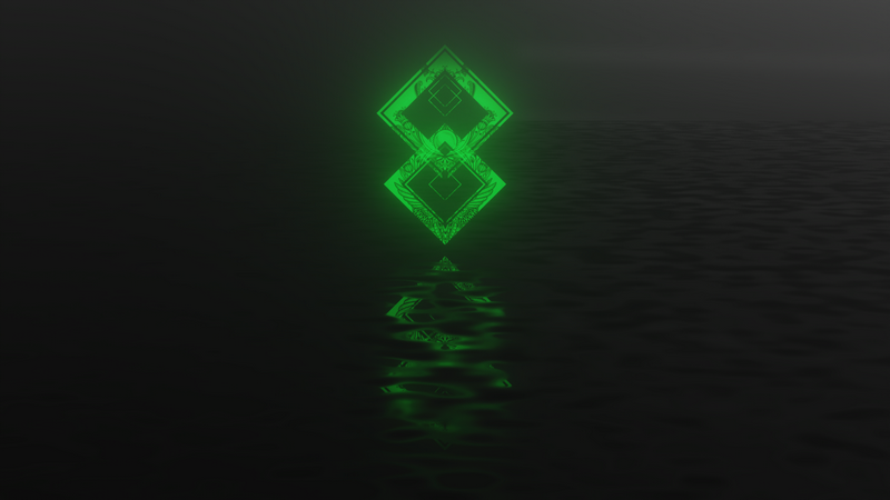 Two glowing green diamonds reflected in dark water