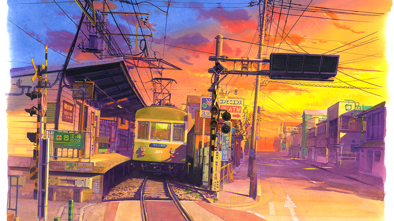 Train at a station during sunset