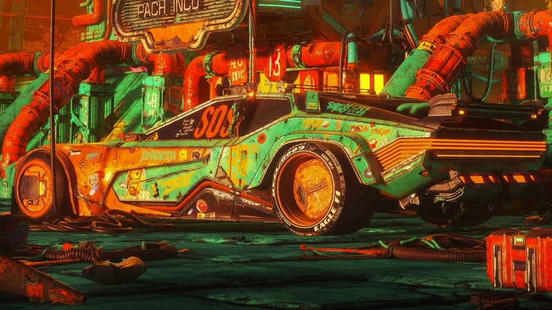 Cyberpunk car with SOS sign in a neon-lit industrial area