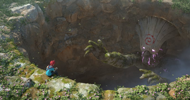 Creature with hands extended near a redhead