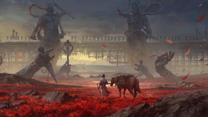 Where Winds Meet: Warrior and horse in a field of red flowers