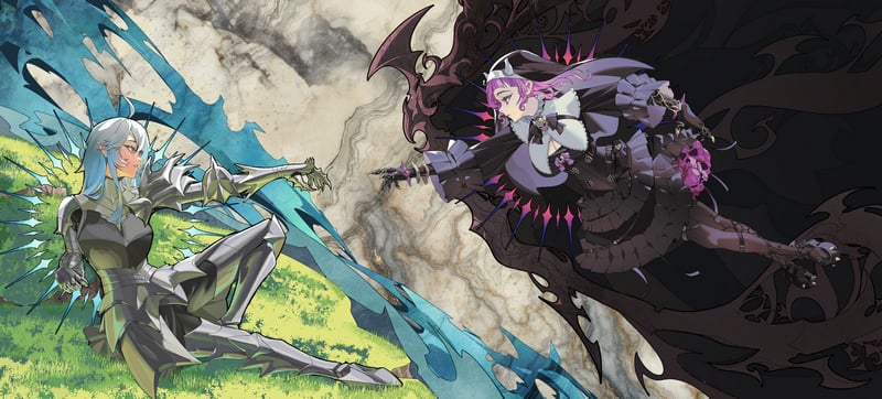 Geega and a dark figure in a battle pose