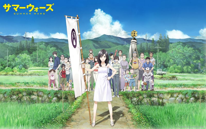 Summer Wars anime characters in a rural landscape