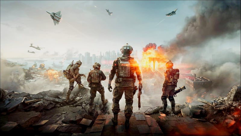 Battlefield soldiers overlooking a burning city with aircraft