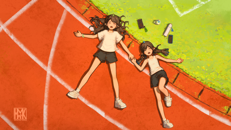 Anime girls lying on a running track