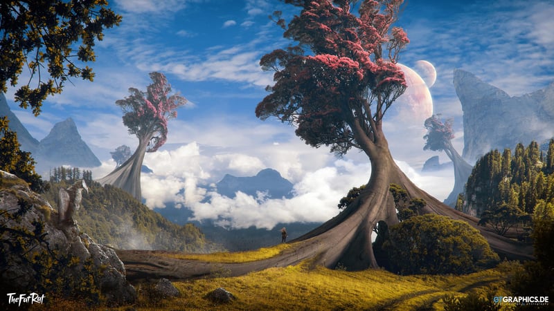 Fantasy landscape with alien trees and a distant planet