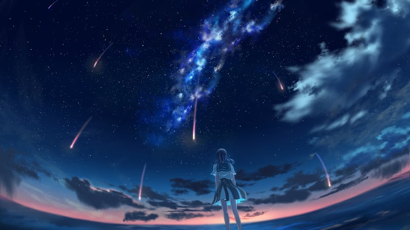 Girl watches meteor shower in starry night sky