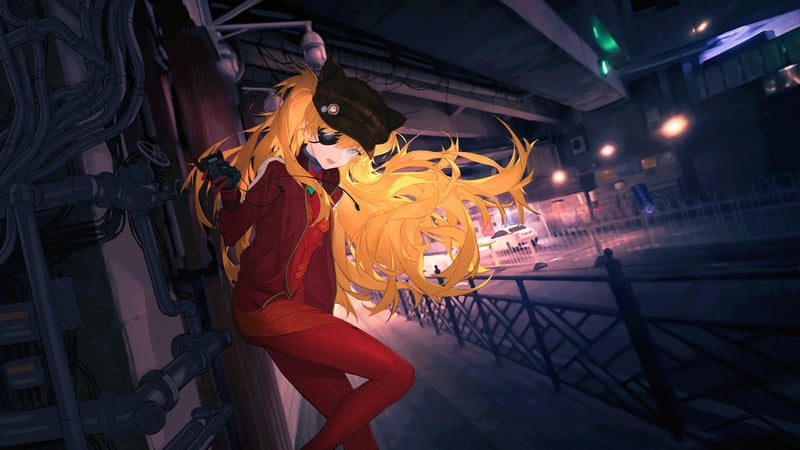 Asuka Langley Soryu in a red bodysuit with a car in the background