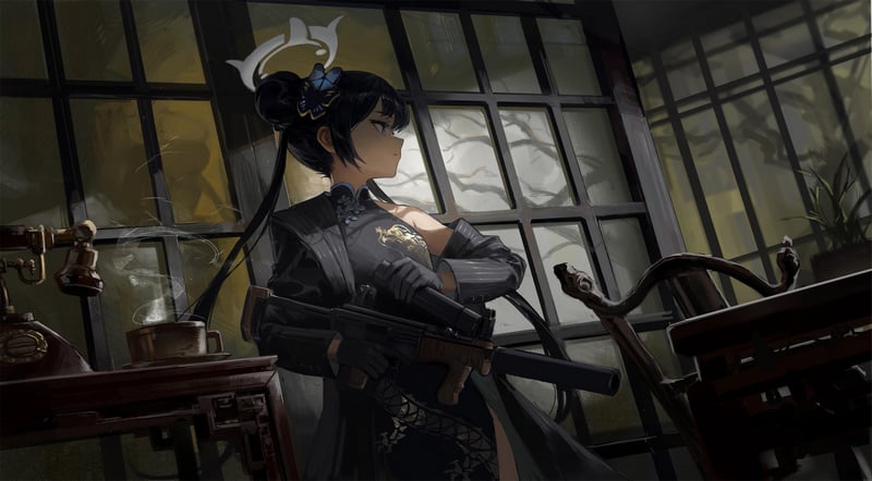 Kisaki (Blue Archive) with a gun in a Chinese dress