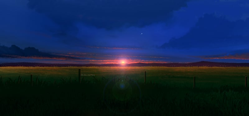 Sunrise over a grassy field with fence posts