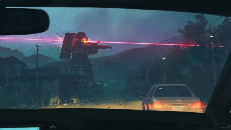 Gundam firing lasers at a car on a street