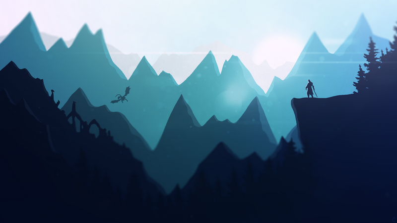 The Elder Scrolls V: Skyrim landscape with warrior and dragon