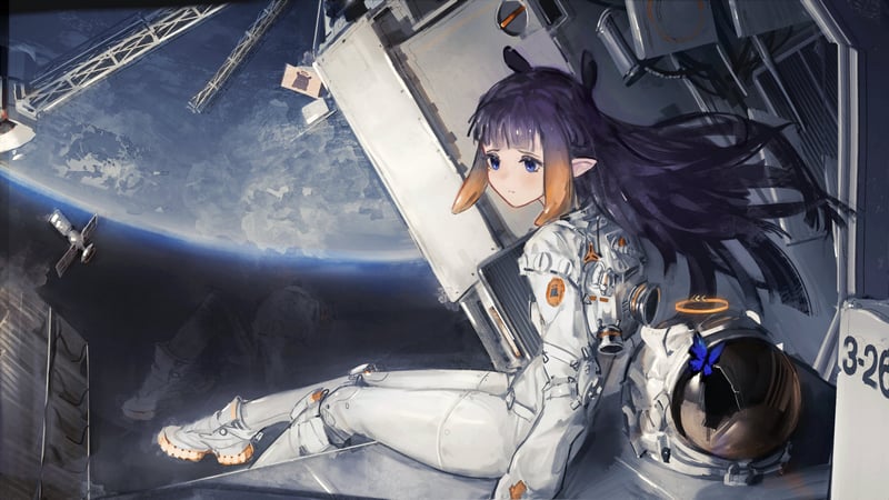 Ninomae Inanis in a spacesuit on a spaceship