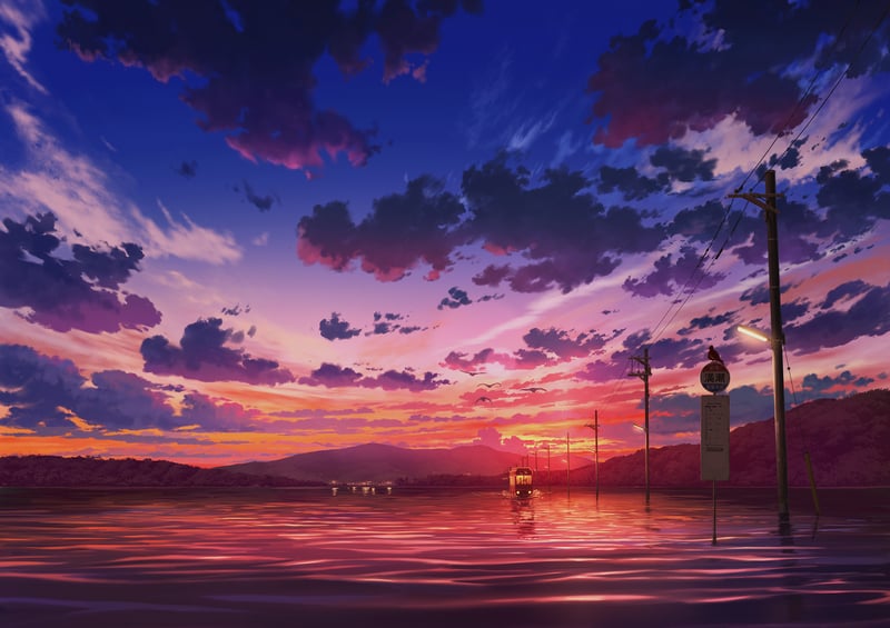 Anime Sunset Over Water with Clouds and Telephone Poles