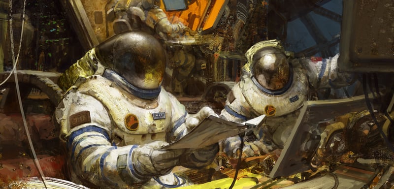 Astronauts in a spaceship reviewing documents