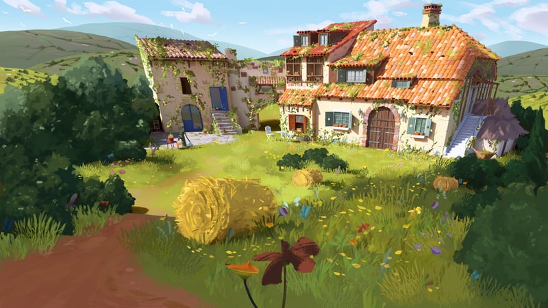 A rustic house with hay bales and flowers in a field