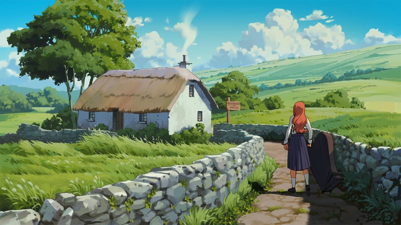 Redhead girl walks on a path to a cottage in Ireland