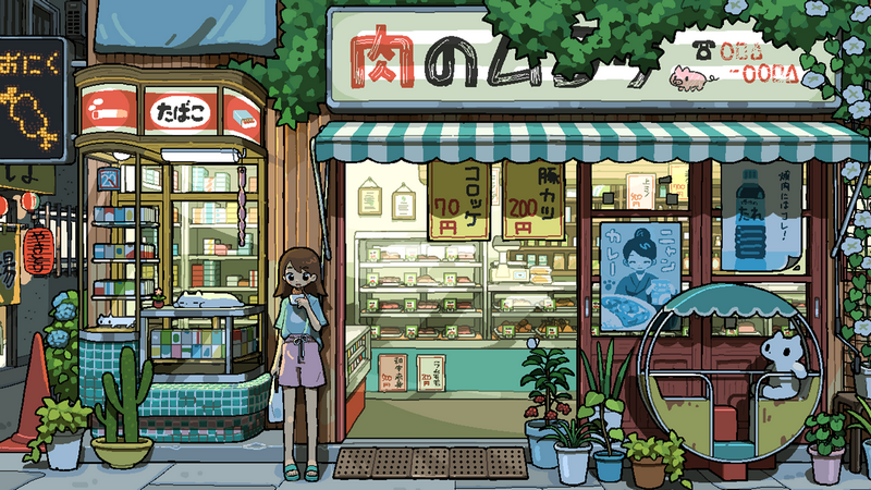 Girl standing outside a Japanese store at night