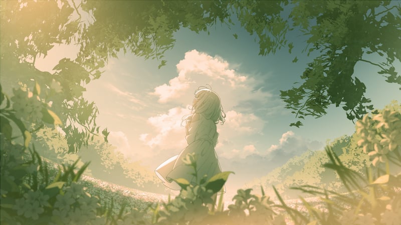 Anime girl with shoulder length hair in a grassy field