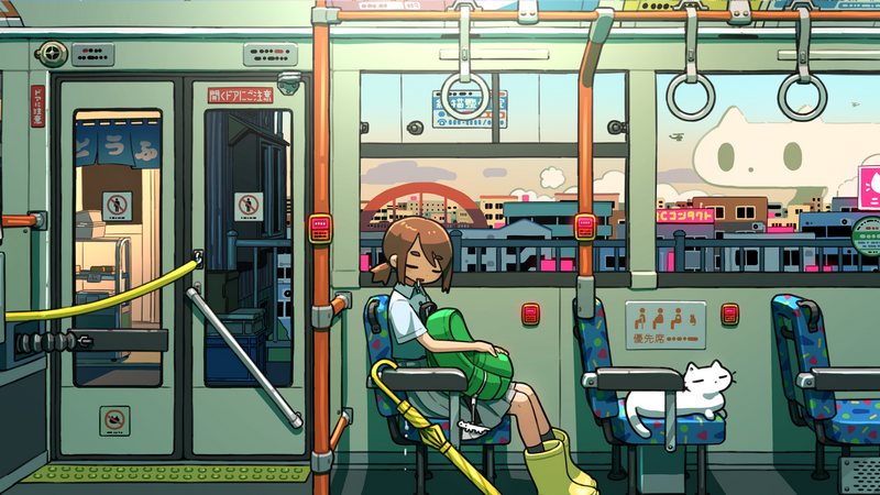 Girl sleeping on a train with a cat