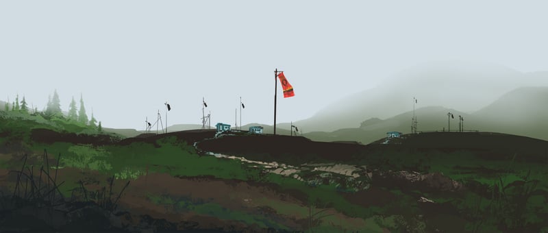 Digital painting of a remote outpost with a flag