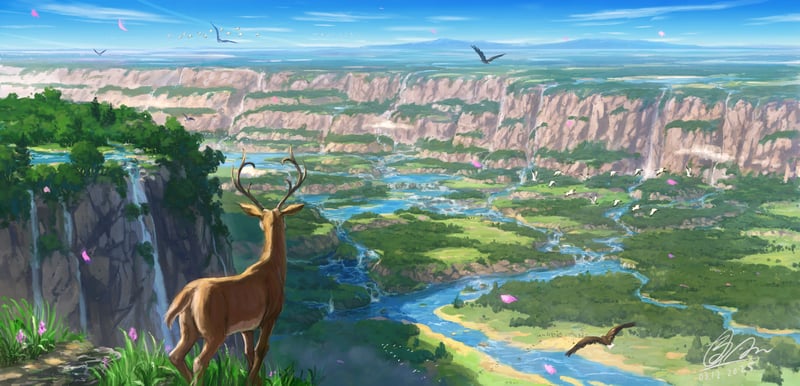 Scenery of a canyon with a deer and birds