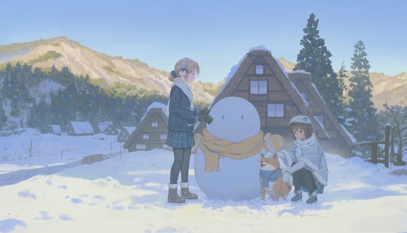 Children building a snowman in a snowy village