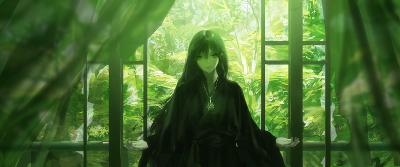 Sachico anime girl in black kimono with glowing hands