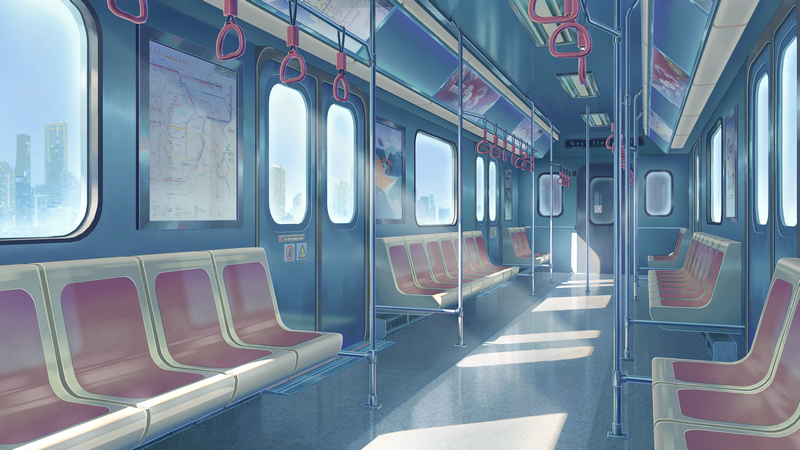 Interior of a train with empty seats and windows