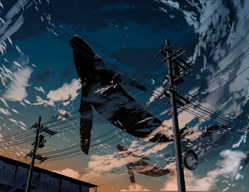 Flying whale over power lines at sunrise