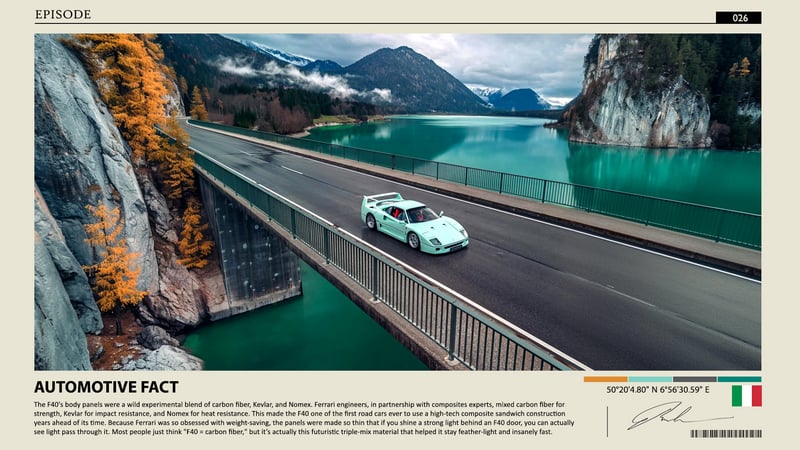 Ferrari F40 on a bridge over a teal lake