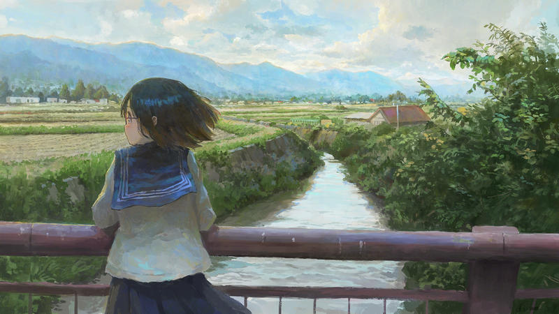 Anime girl looking at a rural landscape with mountains