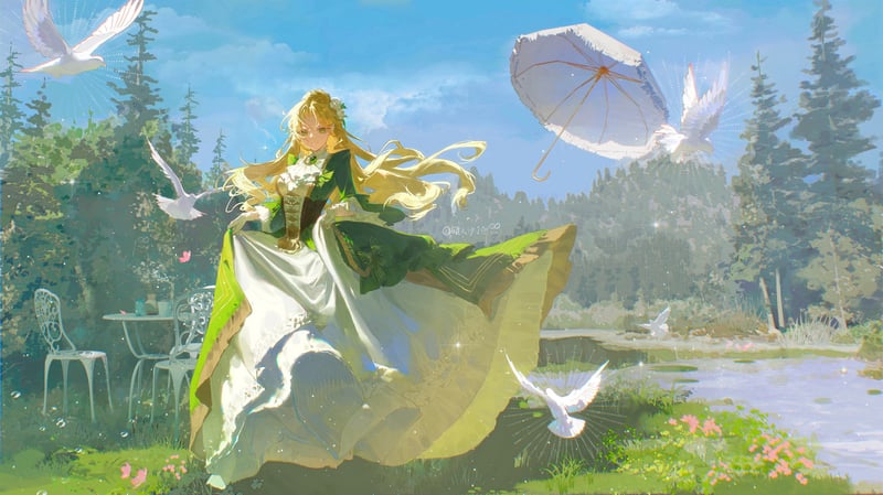 Audrey (Lord of the Mysteries) in a green dress with doves