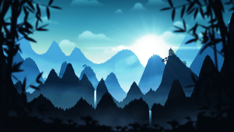 Digital painting of a misty mountain range at sunrise