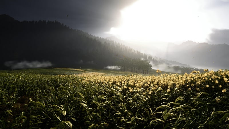 Ghost of Yōtei field with mountains and sunlit sky