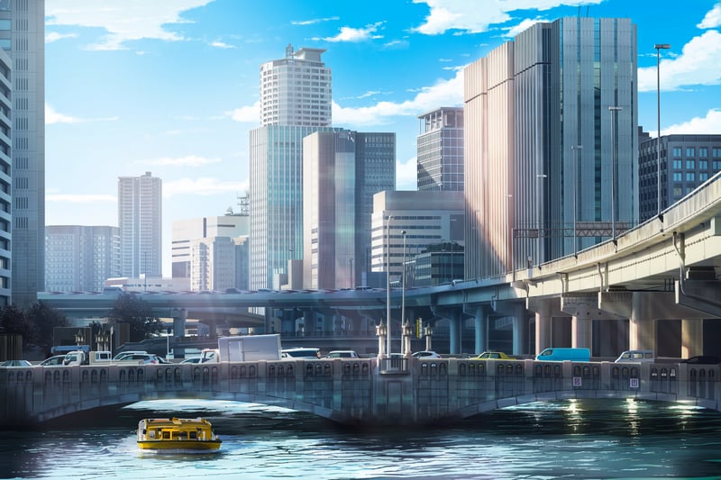 Cars and a boat on a river in a city