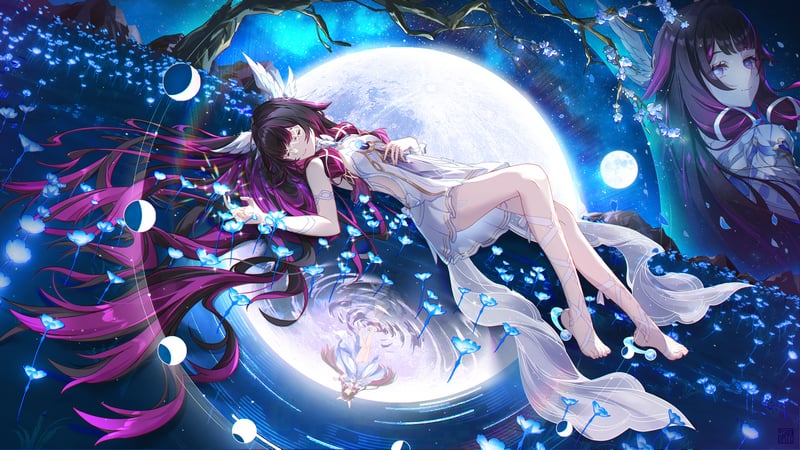 Columbina (Genshin Impact) sleeping under the moon