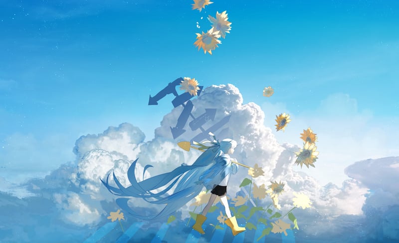 Anime girl with blue hair walking among clouds and sunflowers