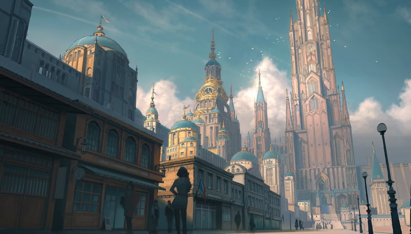 Digital painting of a fantasy city street with people