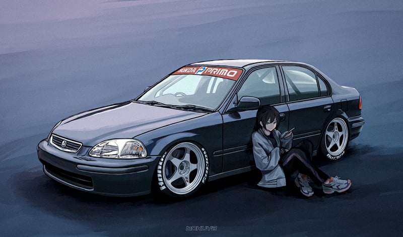 Anime girl with a tuned Honda Civic