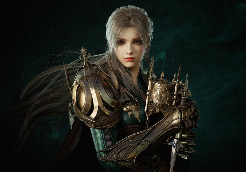 Female warrior with long hair and ornate armor