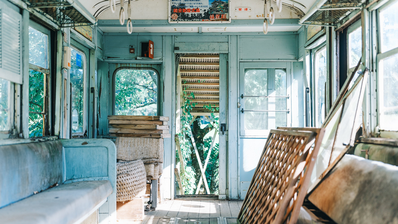 Abandoned Japanese train interior with plants