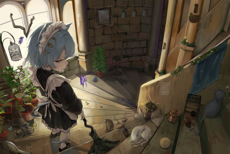 Anime girl with blue hair cleaning stairs with a broom