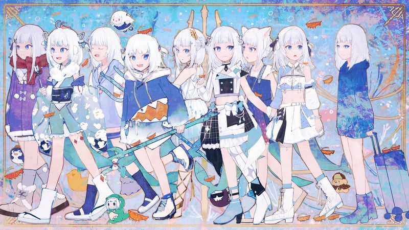 Gawr Gura and friends in blue outfits