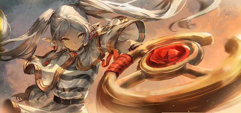 Frieren with a large golden staff and red gem